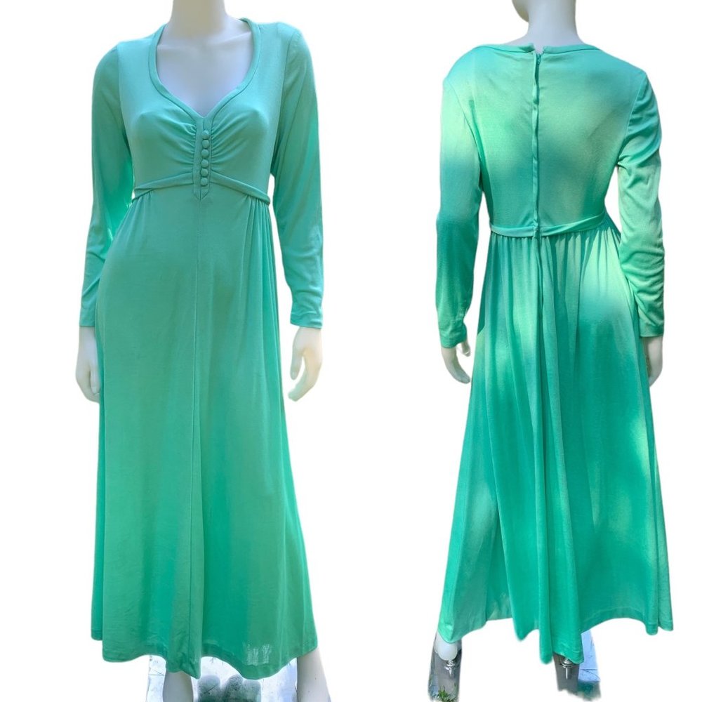 Vintage 70s Pat Richards Maxi Dress Medium Jersey Long Slinky Gown Mint